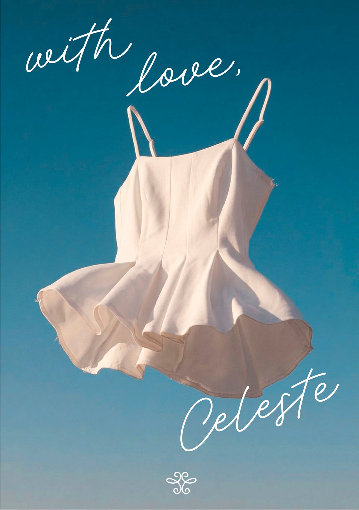 A white sleeveless ruffled dress or costume is shown floating against a blue sky background, with the words 'with love,' and 'Celeste' in white script.