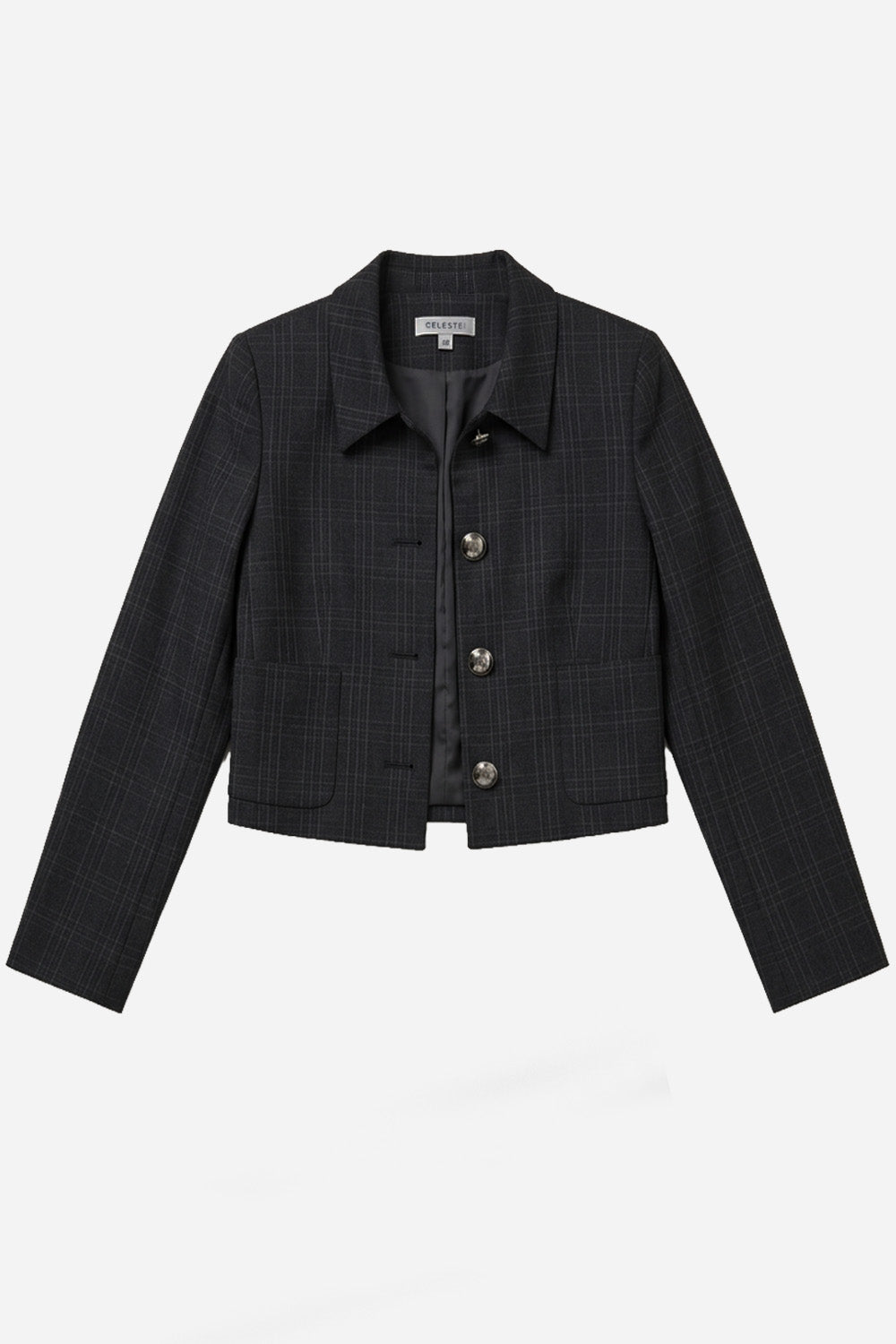 A cropped navy plaid jacket with a pointed collar and four silver front buttons, displayed flat against a light gray background.